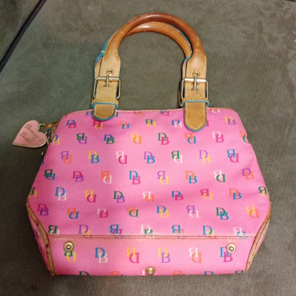 Dooney and Bourke pink multi color DB all over with tan leather handles - Picture 15 of 17